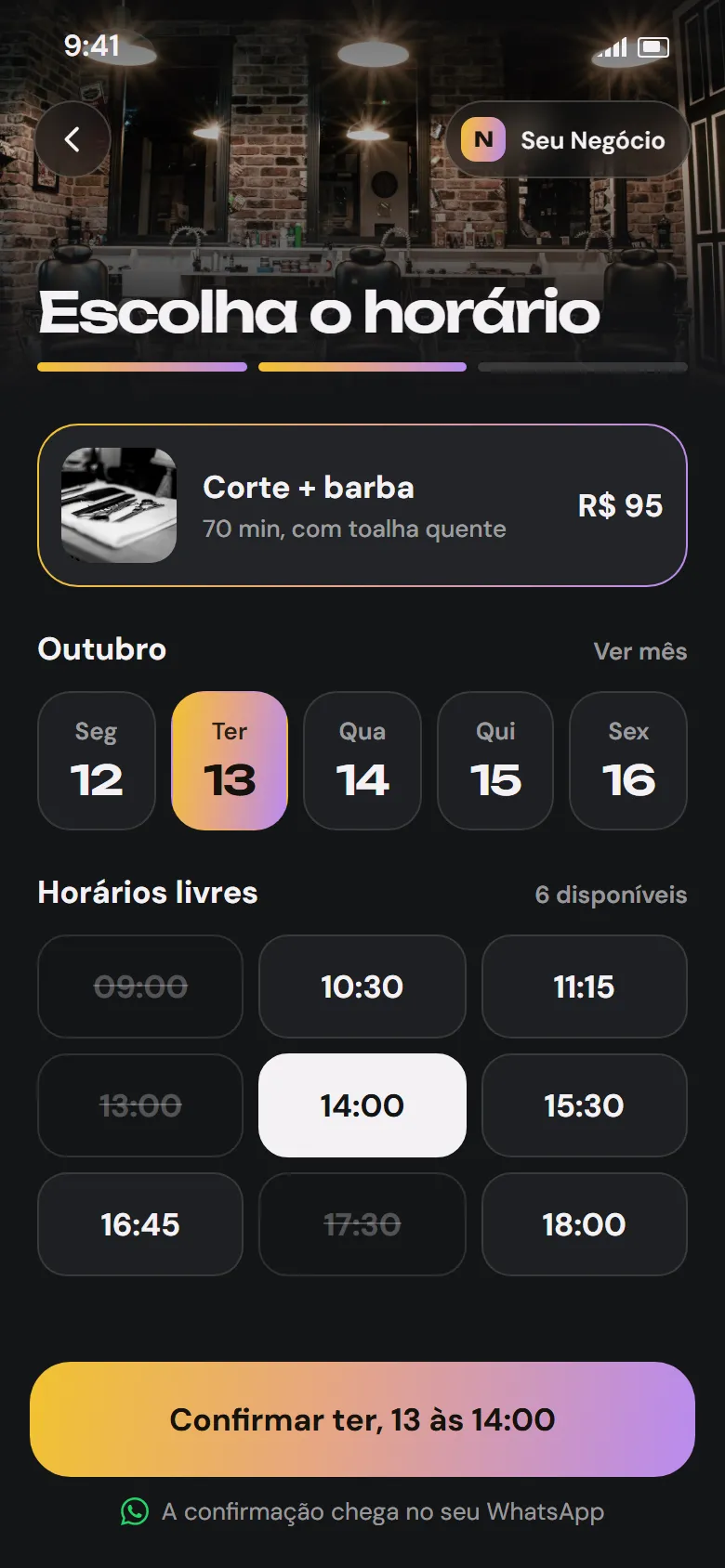 Layout de app de agendamento no celular com escolha do serviço, do dia e do horário e botão de confirmar