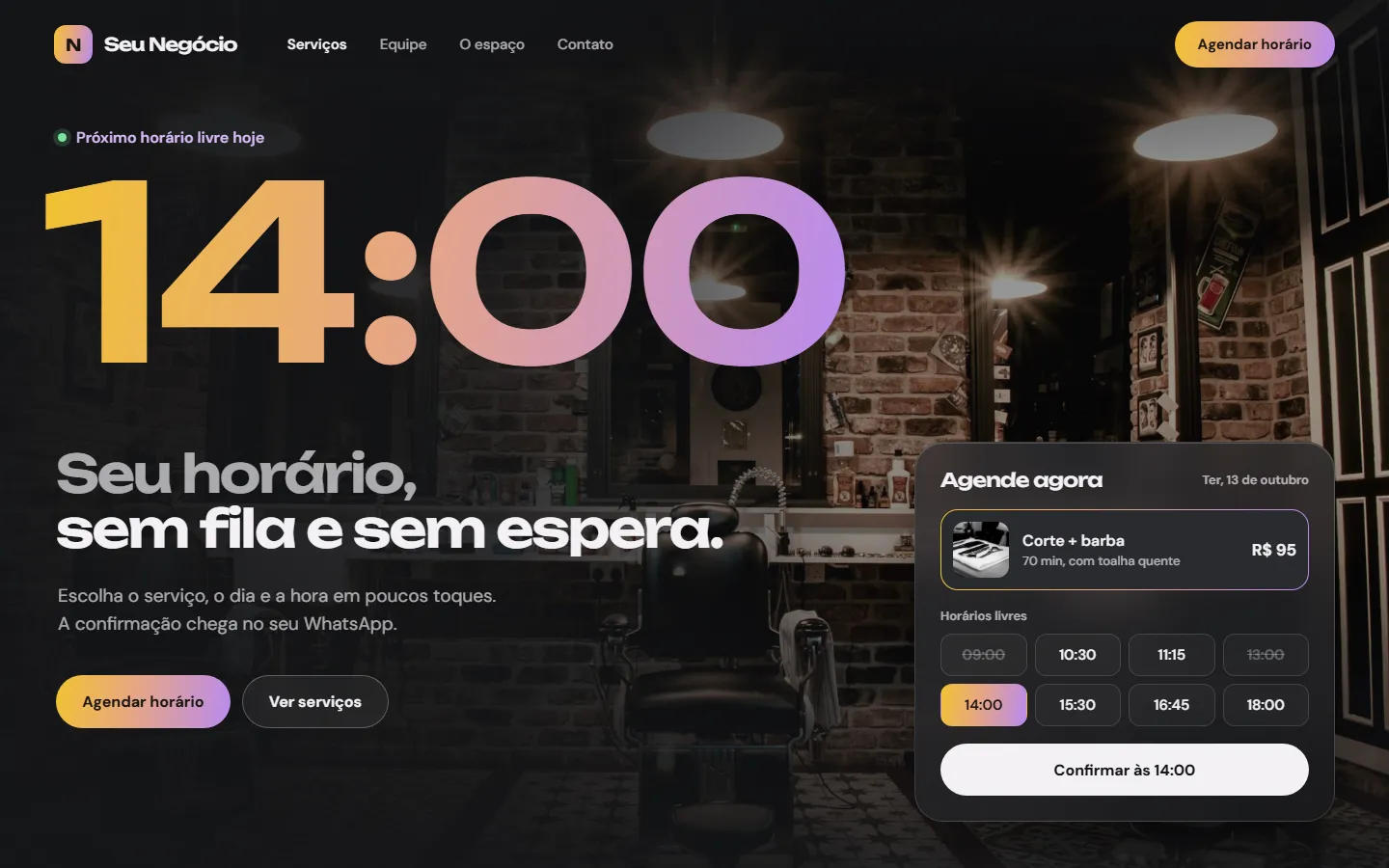Layout de site de barbearia em grafite, com foto do salão, próximo horário livre em destaque e cartão de agendamento com horários