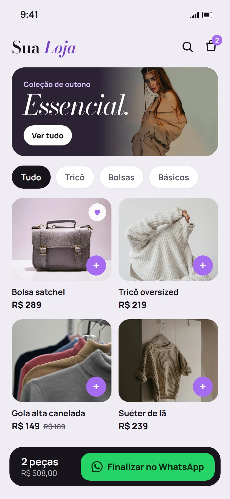 Layout de catálogo de roupas e bolsas no celular com fotos dos produtos, filtros e botão de finalizar pelo WhatsApp
