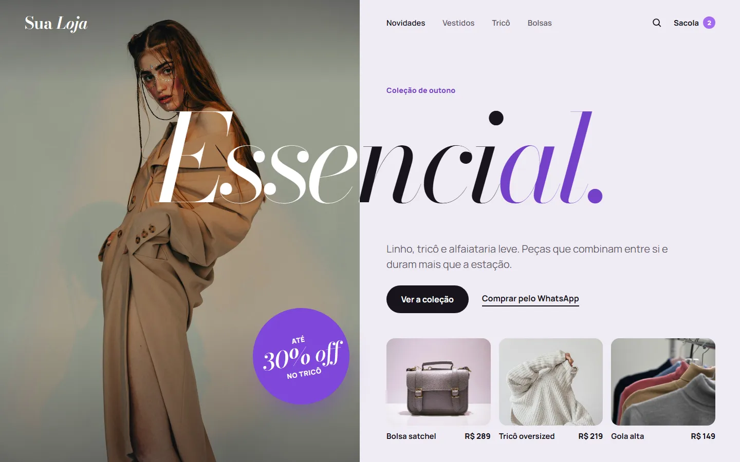 Layout editorial de loja de roupas em tons claros, com foto de modelo, título grande em violeta e vitrine de produtos com preços