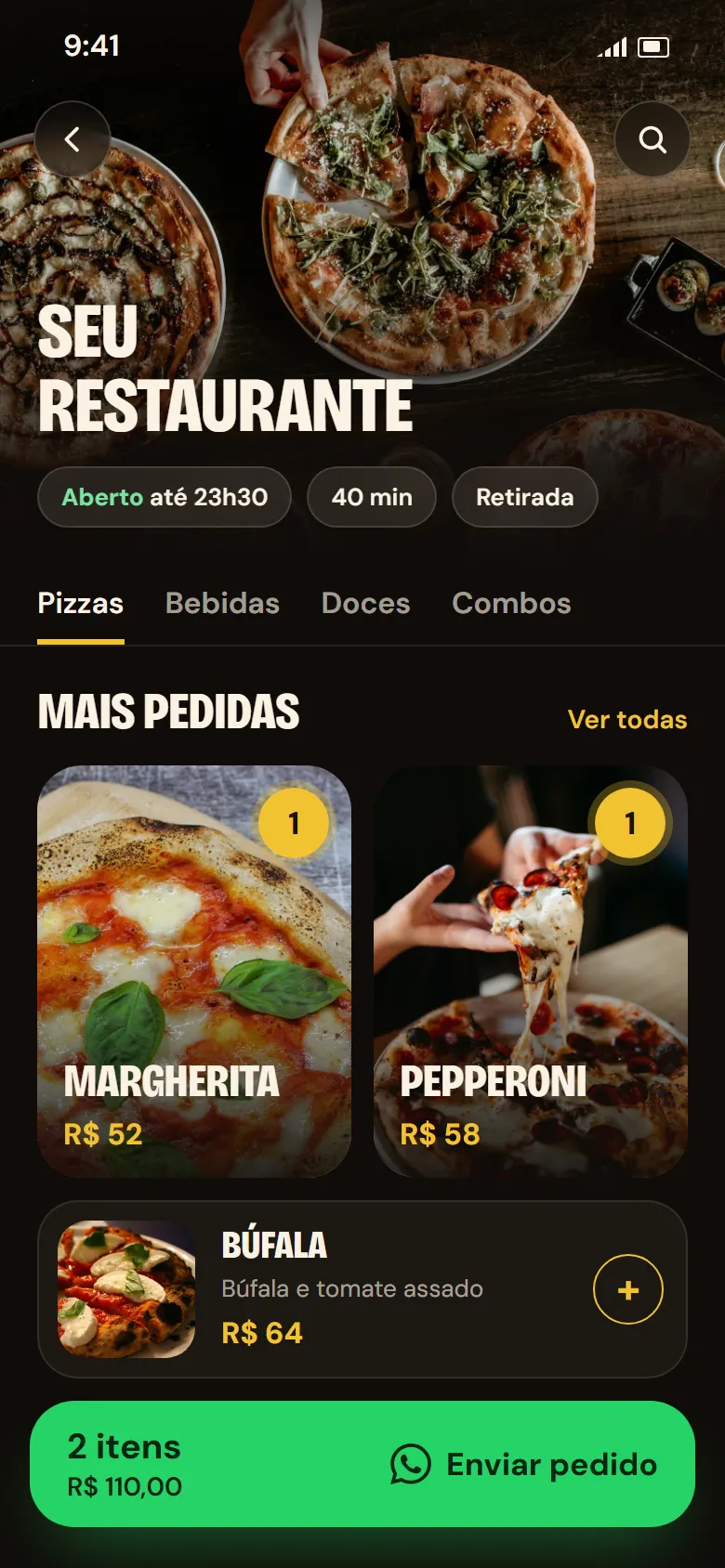 Layout de cardápio digital no celular com fotos das pizzas mais pedidas, categorias e barra de pedido pelo WhatsApp
