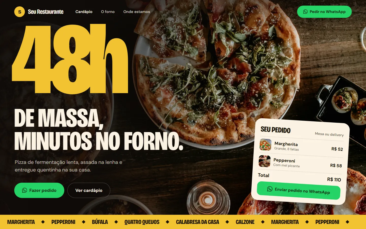 Layout de site de pizzaria em tons escuros, com foto grande de pizza na mesa, título em amarelo e resumo do pedido com botão de enviar pelo WhatsApp